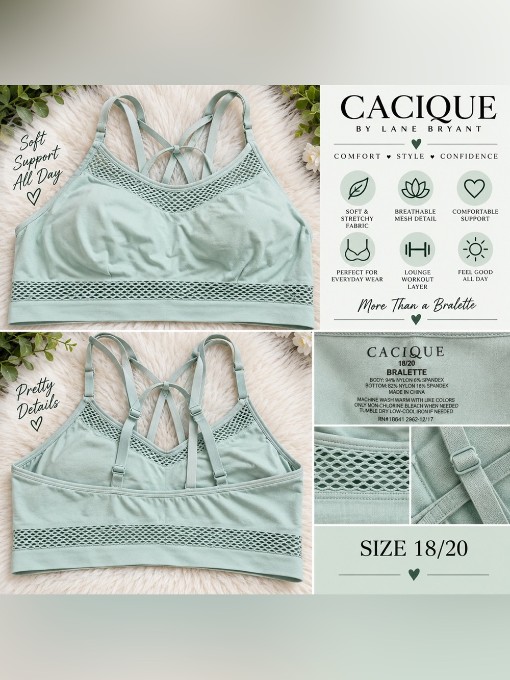 💚 Cacique by Lane Bryant Mint Green Bralette Size 18/20